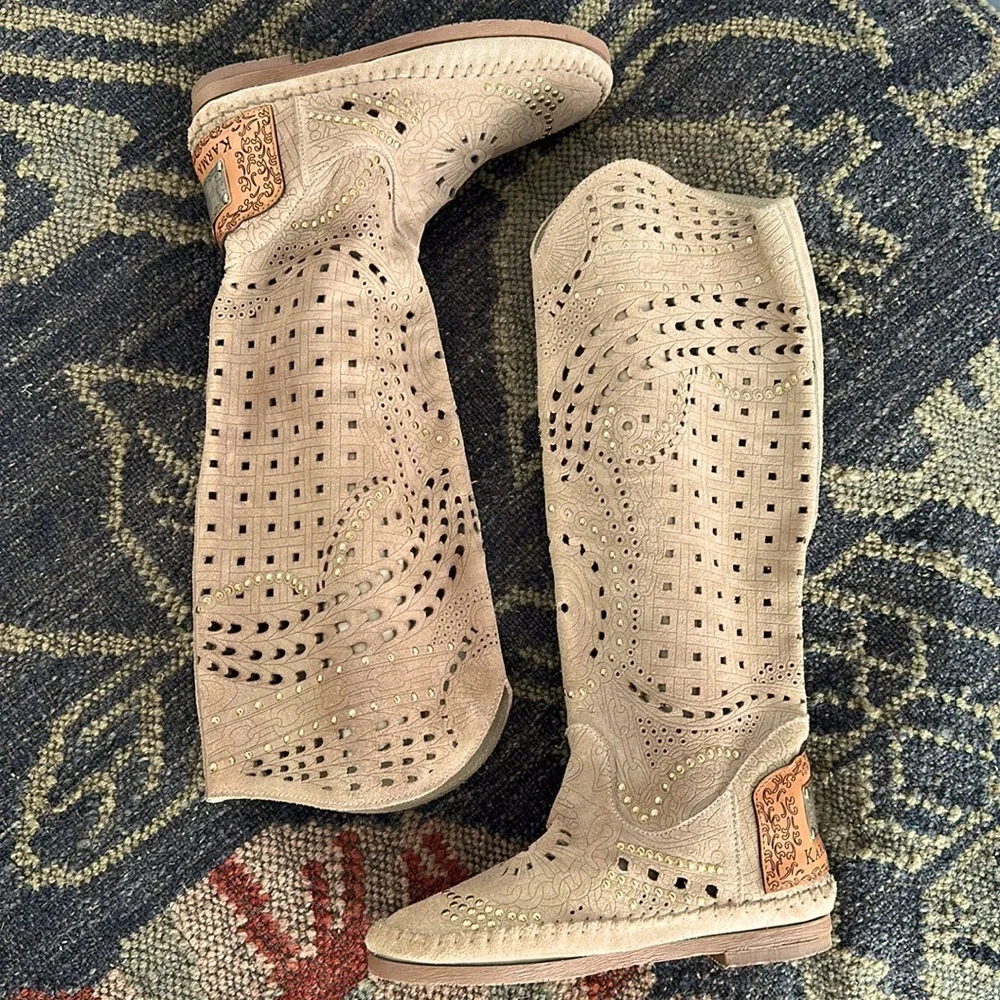 Karma of Charme laser-cut, embossed and gold studded soft leather slouch boots. - Picture 2 of 10